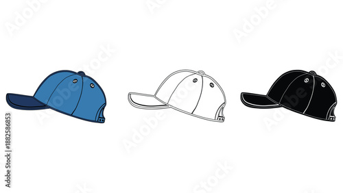 Three baseball caps in different colors on a white background