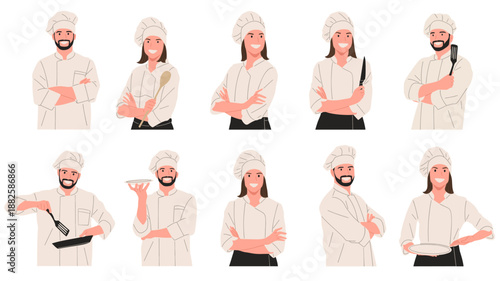 Set of professional chefs in flat vector illustration style. Male and female cooks wearing uniform and chef hat, posing with kitchen tools, knife, spatula and plate. Cooking, restaurant, kitchen staff