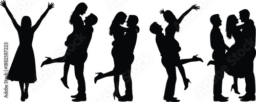 Collection of romantic couple silhouettes featuring lovers hugging, kissing, and jumping with joy isolated on white background for wedding and valentines design