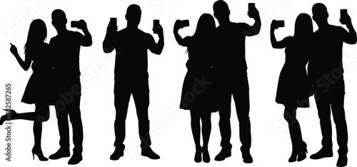 Collection of romantic couple silhouettes taking selfies and hugging, featuring lovers in joyful poses isolated on white background for lifestyle vector design