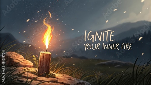 A solitary flame burns brightly on a log in the wilderness at night, symbolizing inner strength.