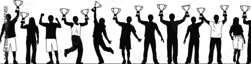 Large group of winners silhouettes holding trophy cups and celebrating success isolated on white background for sports and business achievement vector design