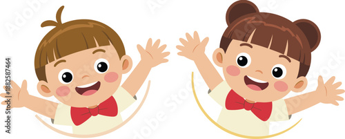 Two Happy Cartoon Children with Red Bow Ties Waving Their Hands and Smiling Isolated on White Background for Primary Education