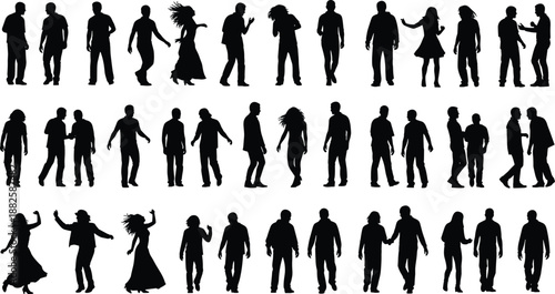 Mega collection of diverse people silhouettes featuring men and women walking, dancing, talking, and socializing together isolated on white background for lifestyle design