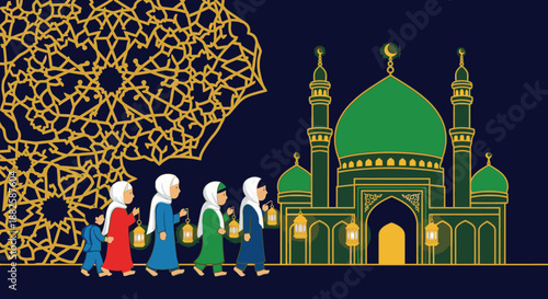 Young Muslim children, carrying glowing lanterns, walk in procession towards a majestic green mosque, symbolizing faith and community during a festive evening celebration.