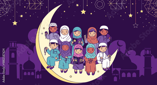 Diverse Muslim children joyfully celebrate a religious holiday, sitting together on a crescent moon against a beautiful starry night sky with mosque silhouettes.