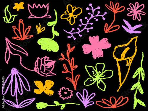 Vibrant hand sketched pastel flower and foliage set isolated on dark background for design