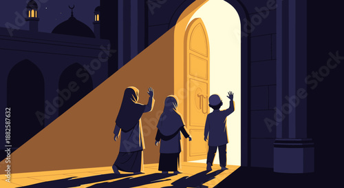 Three Muslim figures, including women and a child, approach a radiant mosque entrance at dusk, symbolizing spiritual journey, community, and hope during a holy night.