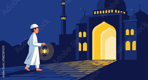 A young Muslim boy, carrying a glowing lantern, walks towards a beautifully illuminated mosque entrance at night, representing spiritual journey and faith.