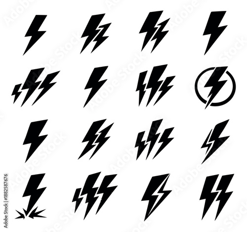Modern graphic icon lightning bolt set featuring various shapes and styles for weather warnings and energy indications