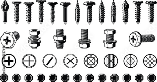 Technical illustration set of industrial screws, bolts, nuts, and fastener heads isolated on white background for hardware, construction, and engineering design projects