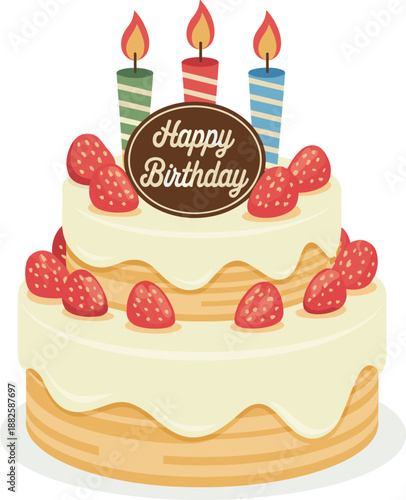 Two Tier Sponge Cake with Creamy White Frosting Many Red Strawberries Three Burning Striped Candles and Happy Birthday Chocolate Sign