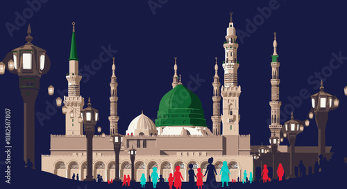 Stylized illustration of the Prophet's Mosque in Medina at night, showcasing its iconic green dome, minarets, and people under illuminated streetlights.