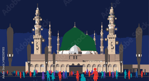 A vibrant vector illustration captures the iconic green dome and towering minarets of a grand mosque, bustling with a diverse congregation under a serene night.