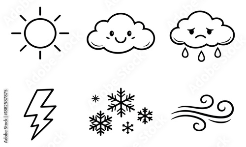 Hand drawn line art weather icons set featuring a sun, happy and rainy clouds, lightning, snowflakes, and wind for forecasting