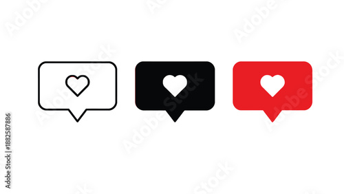 Three colorful speech bubbles with heart icons on a white background