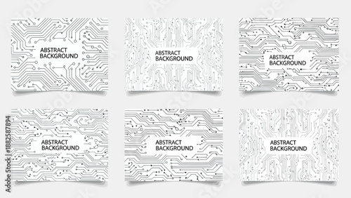Set of six grayscale abstract backgrounds with circuit board patterns and text placeholders for technology and computing designs on a white background.