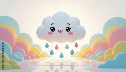 Cute cartoon cloud with raindrops surrounded by colorful clouds  