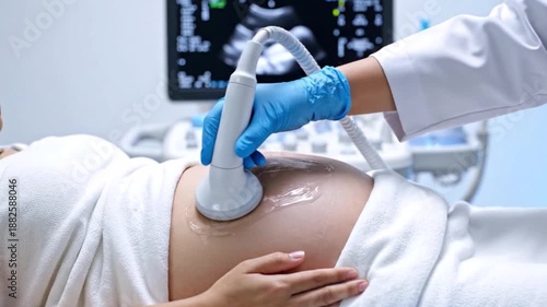 Doctor Performing Ultrasound Scan on Pregnant Woman Belly in Clinic