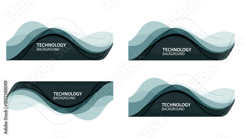 Vector illustration of four identical technology background banners with wavy lines in shades of blue and green on a white background.
