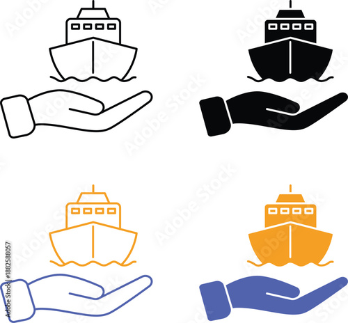 Hand holding a ship icons for marine insurance logistics cargo protection maritime transport Vector Silhouette, Pictogram and Line Icon Set.eps