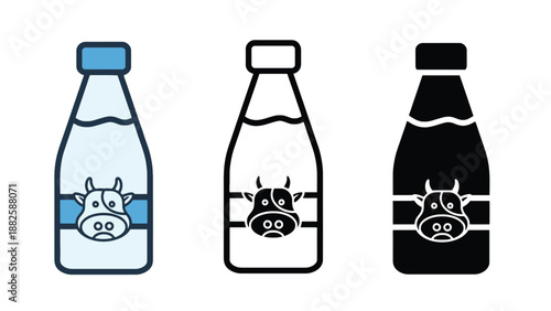 Three cartoon milk bottles with cow faces in different colors and styles