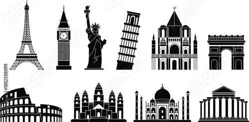 Vector collection of famous world landmark silhouettes featuring Eiffel Tower, Big Ben, Statue of Liberty, Taj Mahal, Colosseum, and Parthenon isolated