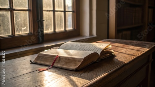 A well-worn open book bathed in sunlight on a wooden table near a library window