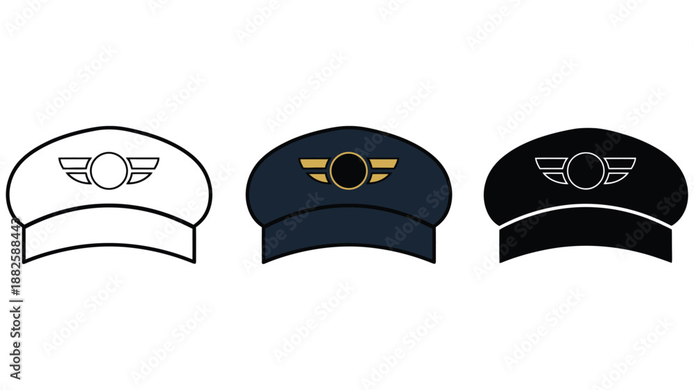 Fototapeta premium Three different colored pilot hats with wing logos on a white background