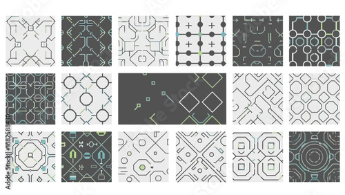 Collection of various technology-inspired vector graphics and patterns on a white background, featuring geometric shapes and lines in a range of colors and compositions.