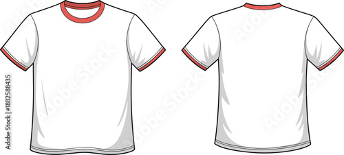White ringer t-shirt mockup vector with red collar and sleeve trim showing front and back views for apparel design branding