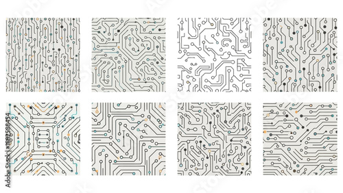 A collection of eight gray and white circuit board patterns with various colored accents on a white background, showcasing different technology and computing designs.