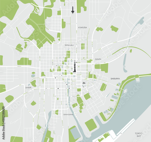 Vector City Map of Tokyo Featuring Major Districts Green Parks and Tokyo Bay Area for Urban Planning and Navigation Concepts