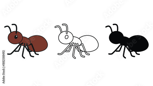 Three cartoon ants in different colors on a white background