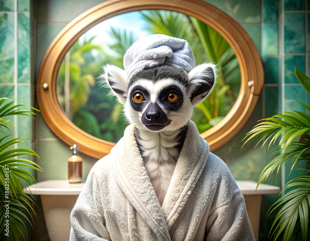 Fototapeta premium A lemur in a bathrobe and towel on its head stands in front of a bathroom mirror