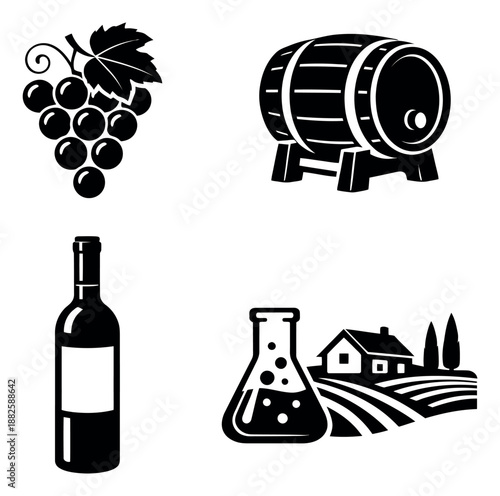 Monochrome wine icons set featuring grapes, a barrel, a bottle, and a vineyard with a flask for winemaking design