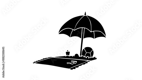 A black and white illustration of a beach scene with umbrella and mat