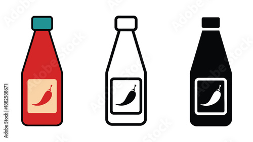 Three colorful hot sauce bottles with chili pepper labels on white background