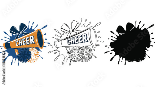 A colorful illustration of cheerleading megaphones and pom poms on a white background