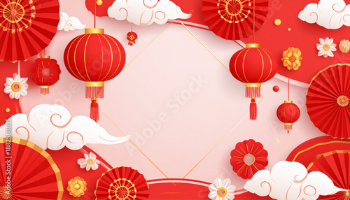 Vibrant Chinese New Year background with traditional red lanterns, paper fans, auspicious clouds, and golden decorations, creating a festive and celebratory atmosphere.