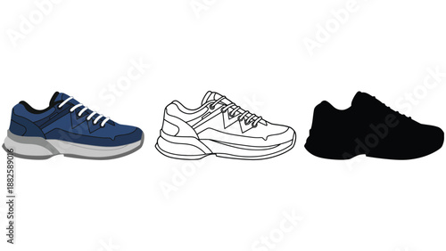 Three different colored sneakers on a white background for design