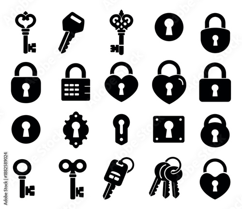 Iconic keys and locks set featuring various designs of keys, padlocks, and keyholes for security and access concepts