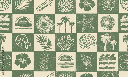 Hand Drawn Seamless Seashell Pattern – Boho Coastal Starfish and Shell Line Art Design in green  Beach, Ocean, and Summer vector illustration.summer beach t-shirt print.sound of the sea.beach party