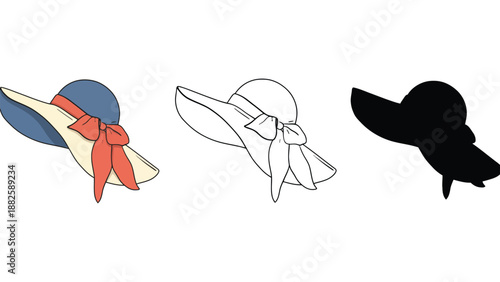 Three different colored hats with bows on a white background