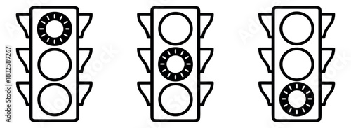 Hand drawn line art traffic lights set featuring different signal states for road safety and transportation