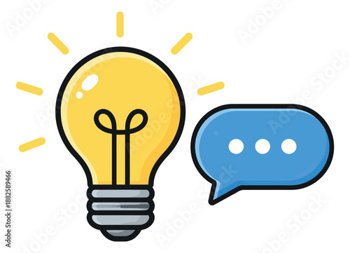 Modern line art illustration of a glowing light bulb and a speech bubble depicting an idea being communicated for business and creative concepts