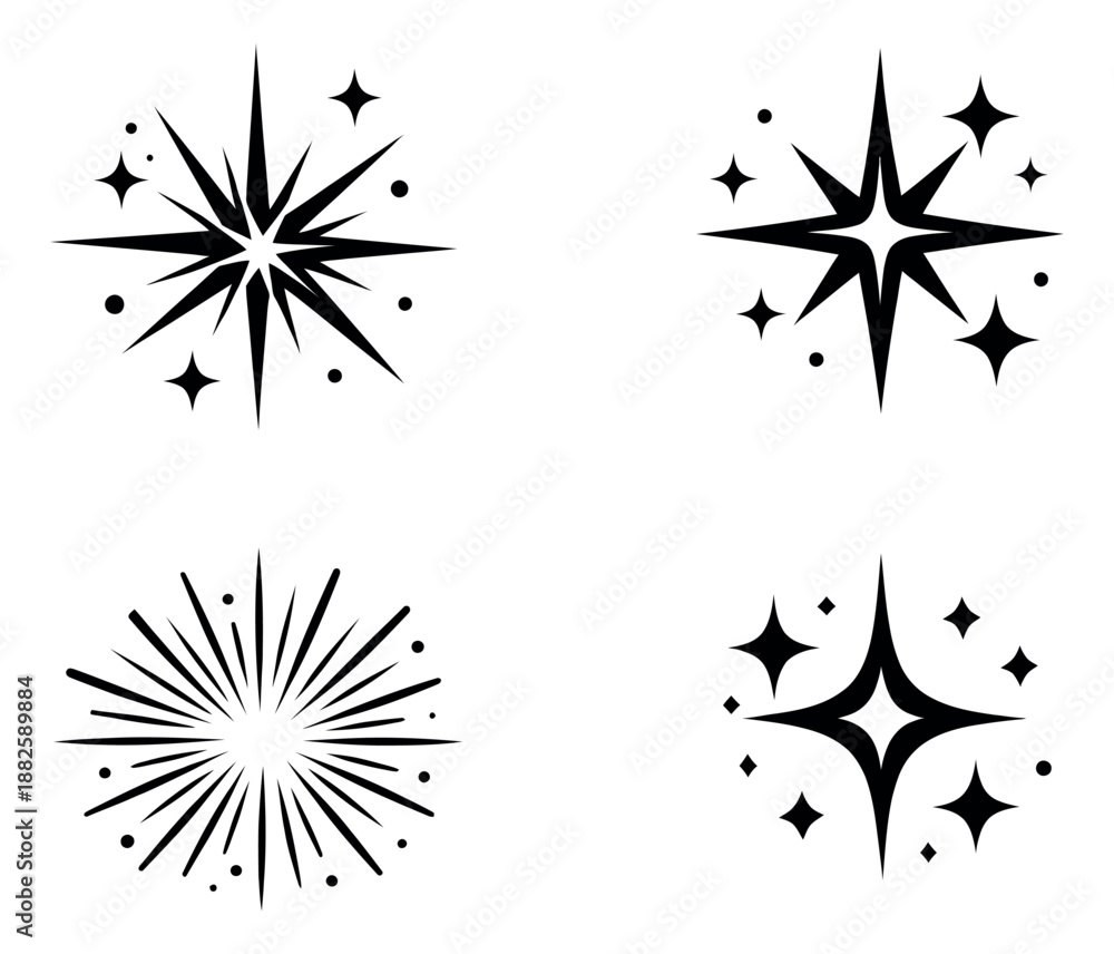 Fototapeta premium Graphic sparkle effects set featuring diverse starbursts and shine elements for design projects