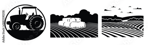 Farm agriculture set with tractor, hay bales, and field landscapes. Rural farming collection