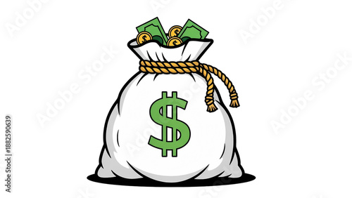 White Money Bag with Dollar Sign White Wealth Sack with Cash Notes 
