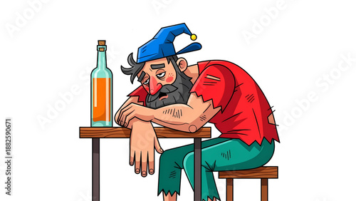 Drunk Man Slumped at Table Cartoon Sad Bearded Guy Drinking Problem Scene Hangover Man Leaning on Table 